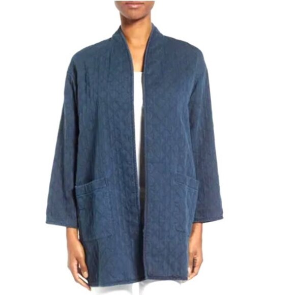 Eileen Fisher Sweaters - Eileen Fisher Quilted Jacquard Organic Cotton Jacket Cardigan Navy XS Open Front